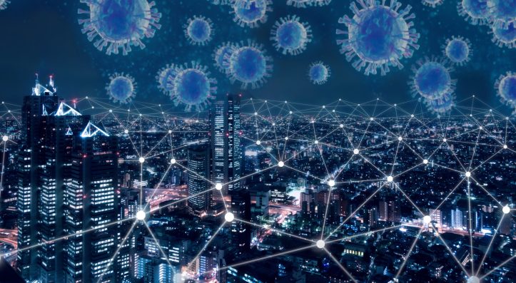 Telecommunication network above city, wireless mobile internet technology for smart grid or 5G LTE data connection, concept about IoT, global business, fintech, blockchain