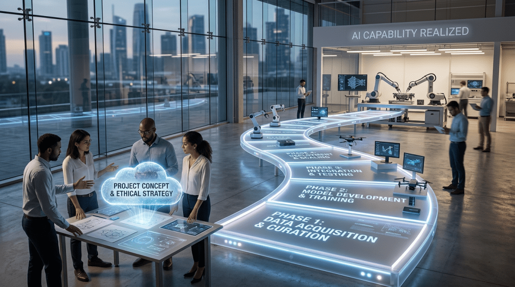 Team discussing AI project phases with holographic cloud and robotic arms in a modern lab