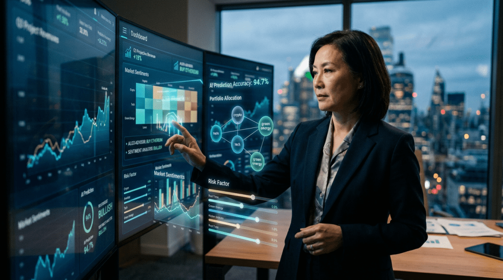 Woman interacting with AI-powered financial dashboard showing market trends and risk factors