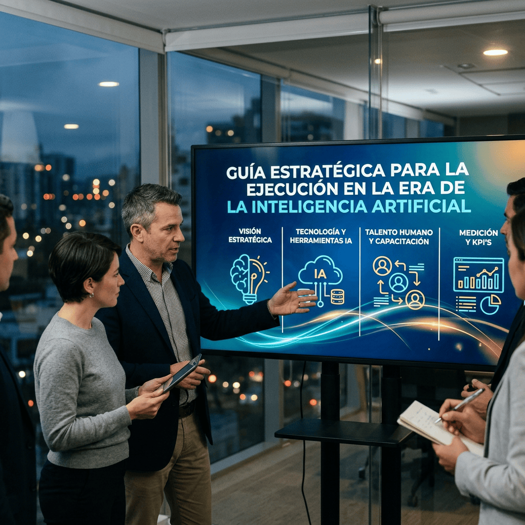 Equipo reunido ante una pantalla con el texto “GUÍA ESTRATÉGICA PARA LA EJECUCIÓN EN LA ERA DE LA INTELIGENCIA ARTIFICIAL”, con secciones sobre “VISIÓN ESTRATÉGICA”, “TECNOLOGÍA Y HERRAMIENTAS IA”, “TALENTO HUMANO Y CAPACITACIÓN” y “MEDICIÓN Y KPI'S”.