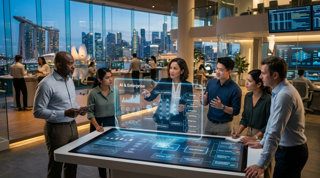 Business team discussing AI and enterprise strategy around an interactive digital table